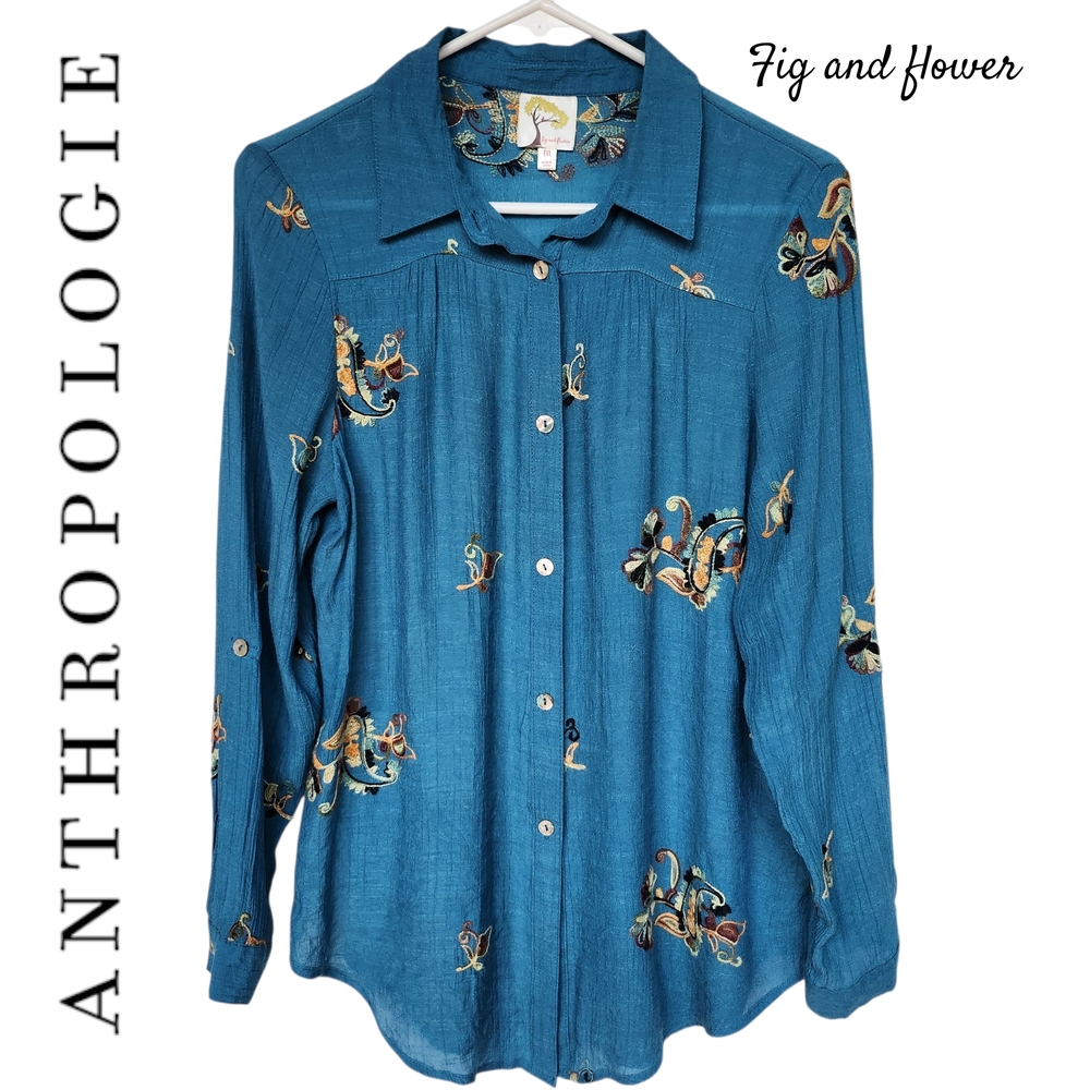Anthropologie Long Sleeve Buttun Up, Earthy , Boho , Embroidered , Floral Casual